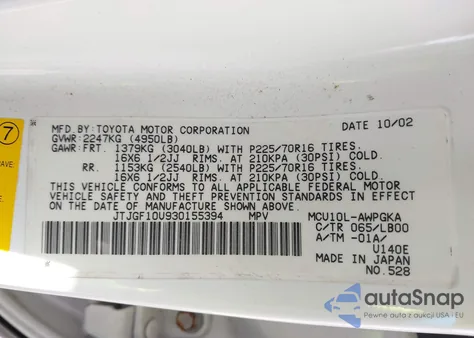 2003 Lexus Rx 300 z USA, uszkodzony, nr VIN JTJGF10U930155394